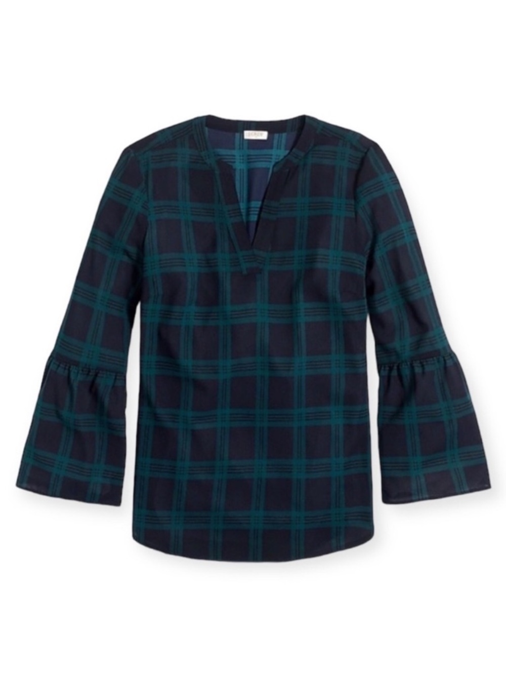 J. Crew Tartan Plaid V-Neck Bell Sleeve Top/Blouse, Green/Navy Blue